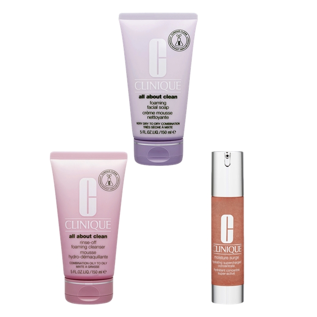 クリニーク リンスオフ クレンジング フォーム 150ml とフォーミング フェーシャル ソープ 150ml とモイスチャー サージ ハイドレーティング コンセントレート 48ml のセット
